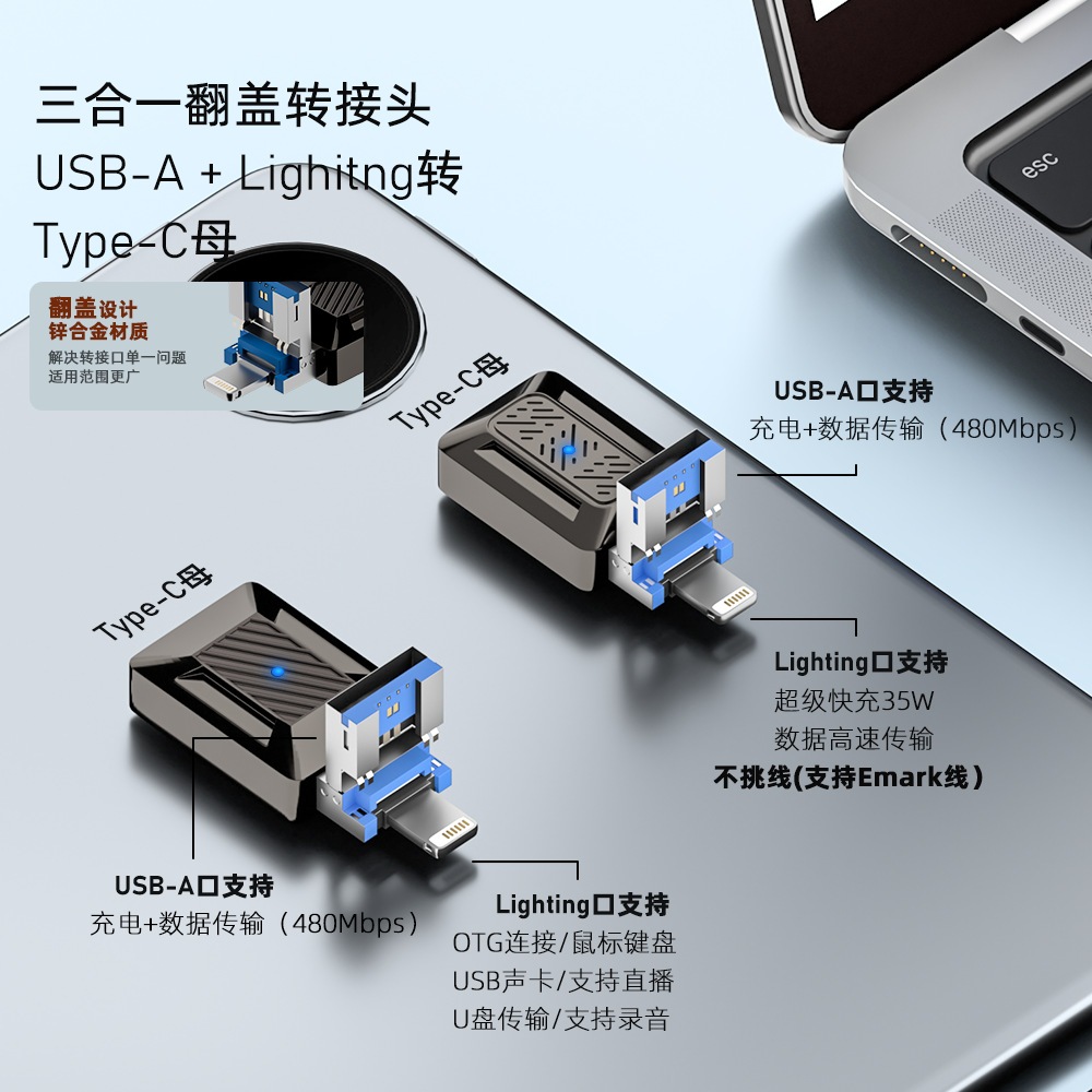 翻蓋式三合一OTG轉接頭適用於蘋果iPhone手機35W快充轉接頭Type-C母轉Lightning USB-A公