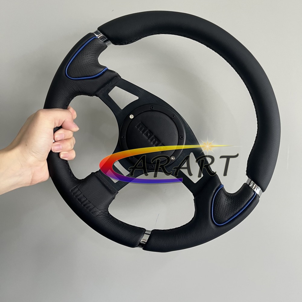 #現貨實拍 汽車改裝MOMO大喇叭方向盤 通用賽車風格藍線黑支架轉向盤