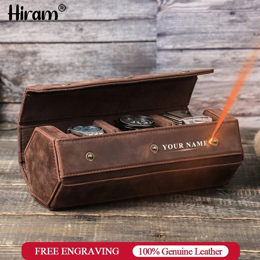Hiram 復古真皮 3 槽錶殼復古手錶捲盒手錶收納收納盒旅行禮物免費雕刻