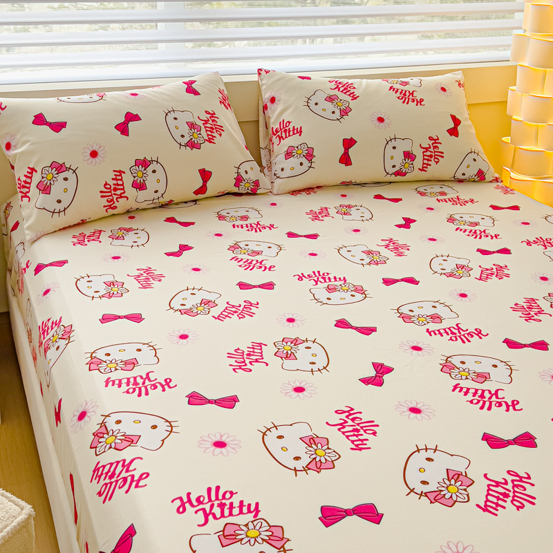 新款買一送二 HelloKitty系列舒適全棉床包枕套組 凱蒂貓印花 帶鬆緊綁帶防滑全包裹床墊保護套 單人雙人 加大尺寸