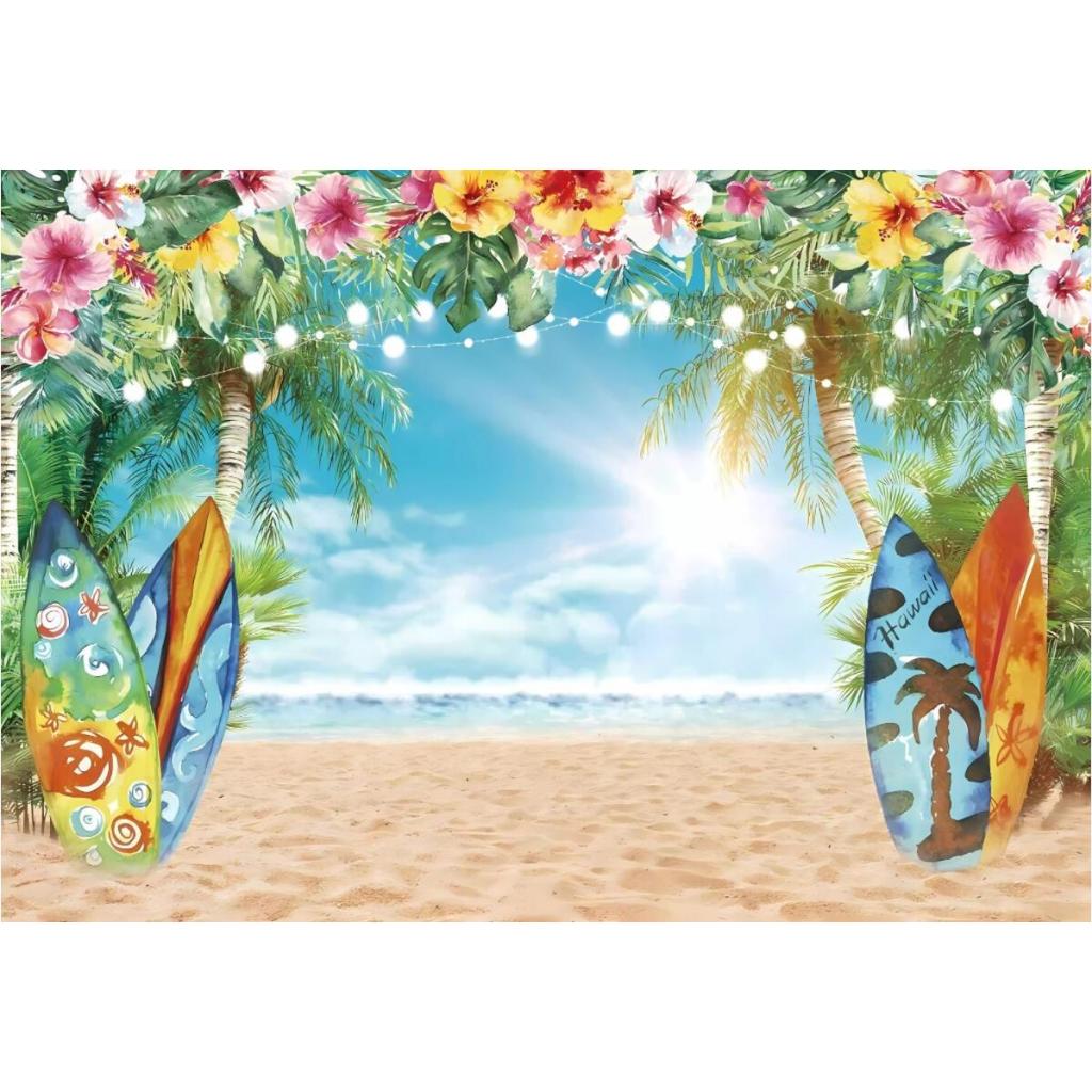 7x5 英尺夏威夷海灘攝影背景天空海洋熱帶花卉棕櫚葉衝浪板照片背景適用於 Luau Aloha 派對裝飾橫幅圖片照片展位