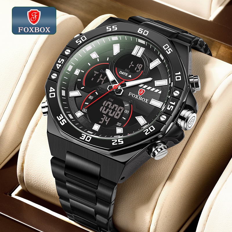 FOXBOX豪華男士數字手錶時尚全鋼雙顯示LIGE手錶男士休閒防水運動計時手錶男士