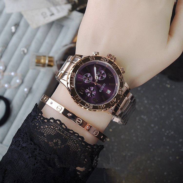 Guou女士手錶時尚女錶帶日曆途豪玫瑰金不銹鋼錶帶手錶個性複古大錶盤女錶