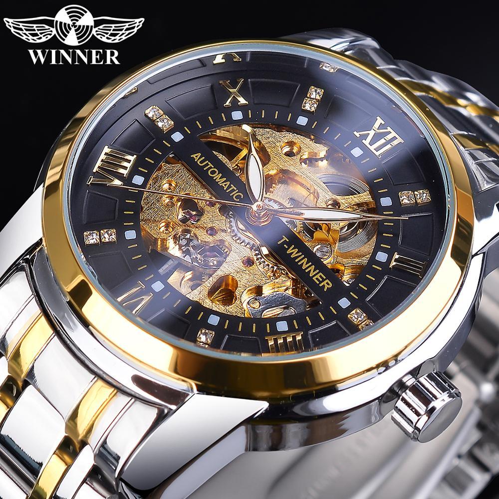 Winner 手錶金色黑色鏤空錶盤時尚鑽石自動機械表銀色不銹鋼防水時鐘