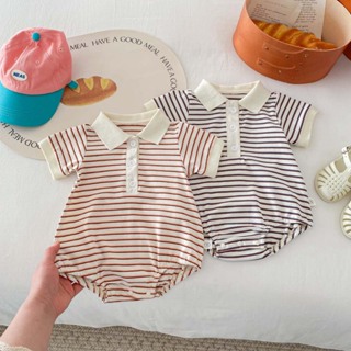 夏季男女寶寶連身衣 0-2 歲新生嬰兒連身衣純棉條紋 Polo 領短袖嬰兒包屁衣