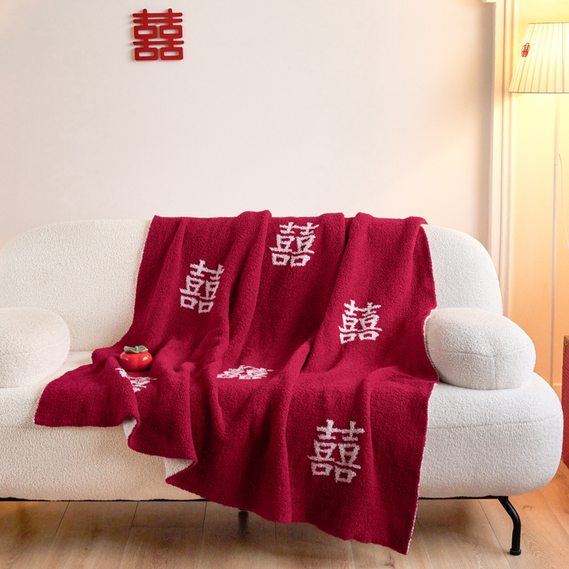 OFF WHITE 1 件套天鵝絨毯子米白色和紅色漢字“XI”薄被子針織毯子