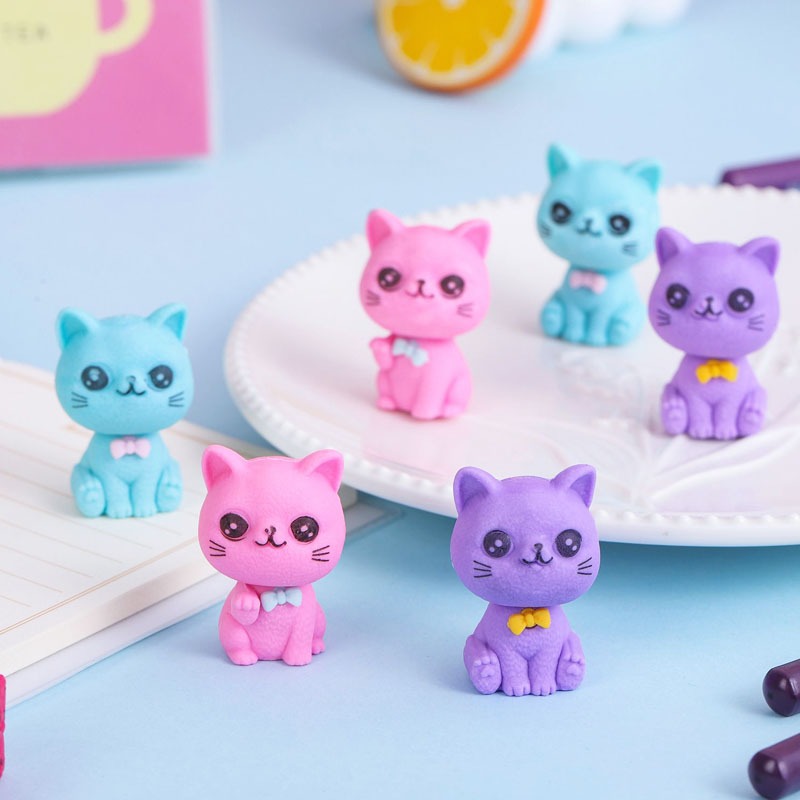 可愛貓咪橡皮擦粉色藍色紫色動物鉛筆橡皮擦兒童獎勵禮物 - 隨機1個