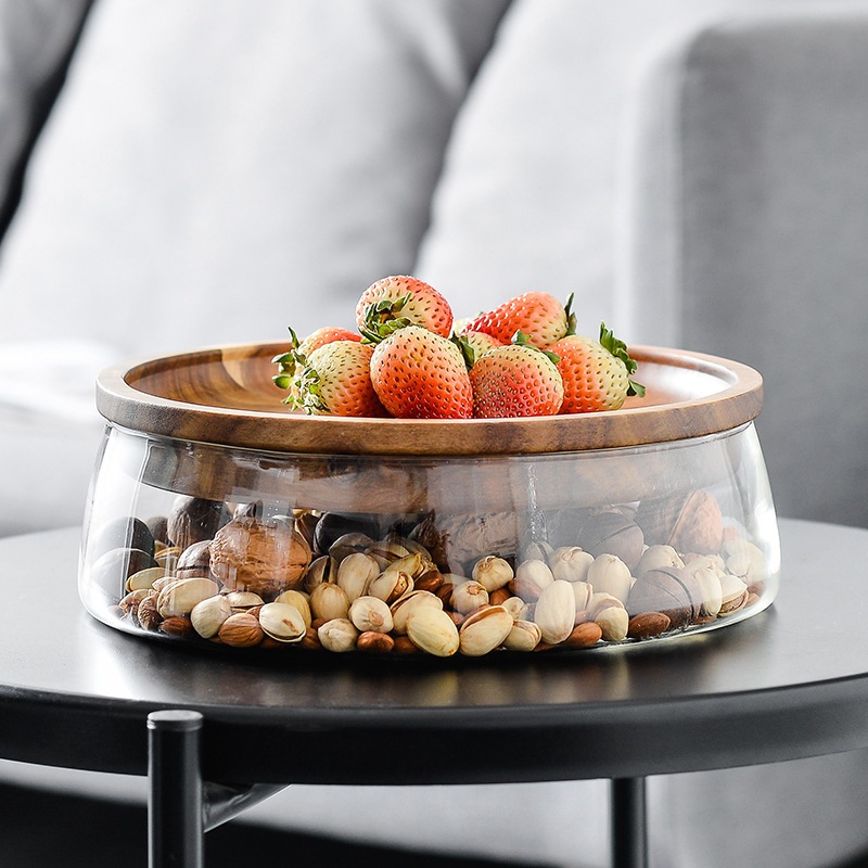 相思木日式堅果水果盤糖果盆果盤現代客廳茶几雙層玻璃家用收納盒