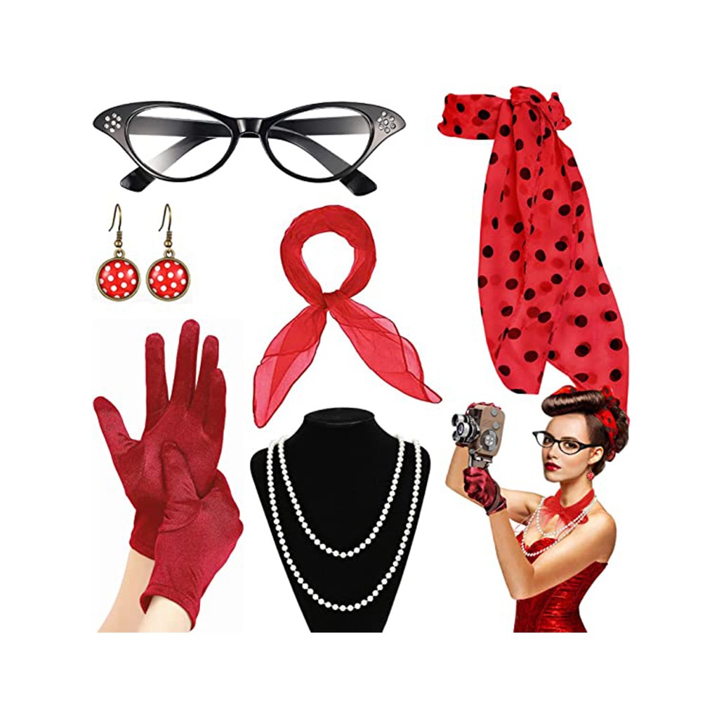 1950 年代女士復古頭巾、圓點髮帶、貓形眼鏡、耳釘、萬聖節派對服裝復古印花裝扮