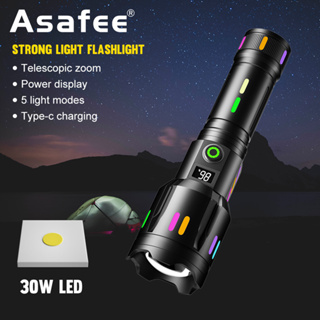 Asafee G61戰術手電筒超亮30W LED安全燈5速伸縮變焦燈1400LM使用26650電池USB充電IPX5防水