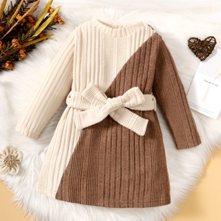 0-3歲學步女寶寶長袖拼接條紋毛衣連衣裙時尚可愛款式小童女童冬季日常派對裝