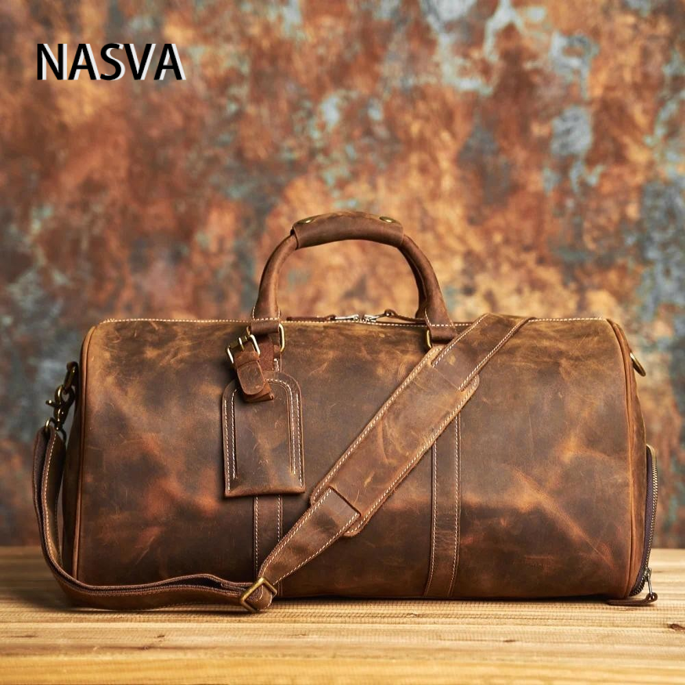 NASVA(YKK拉鍊)男士真皮手提斜跨行李袋，頭層牛皮復古旅行包帶鞋隔層，週末旅行必備通宵包,YKK拉鍊