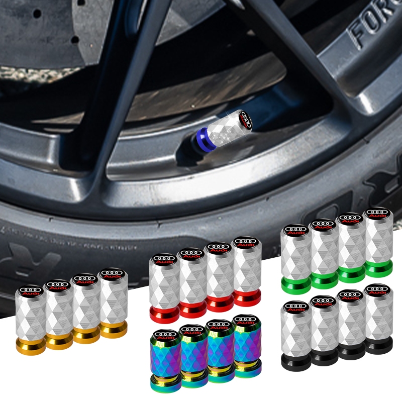 4 件裝鋁菱形汽車輪胎防漏蓋彩色汽車氣門桿蓋適用於奧迪 A3 8P A6 C5 A4 B6 B8 S4 RS4 S5 B