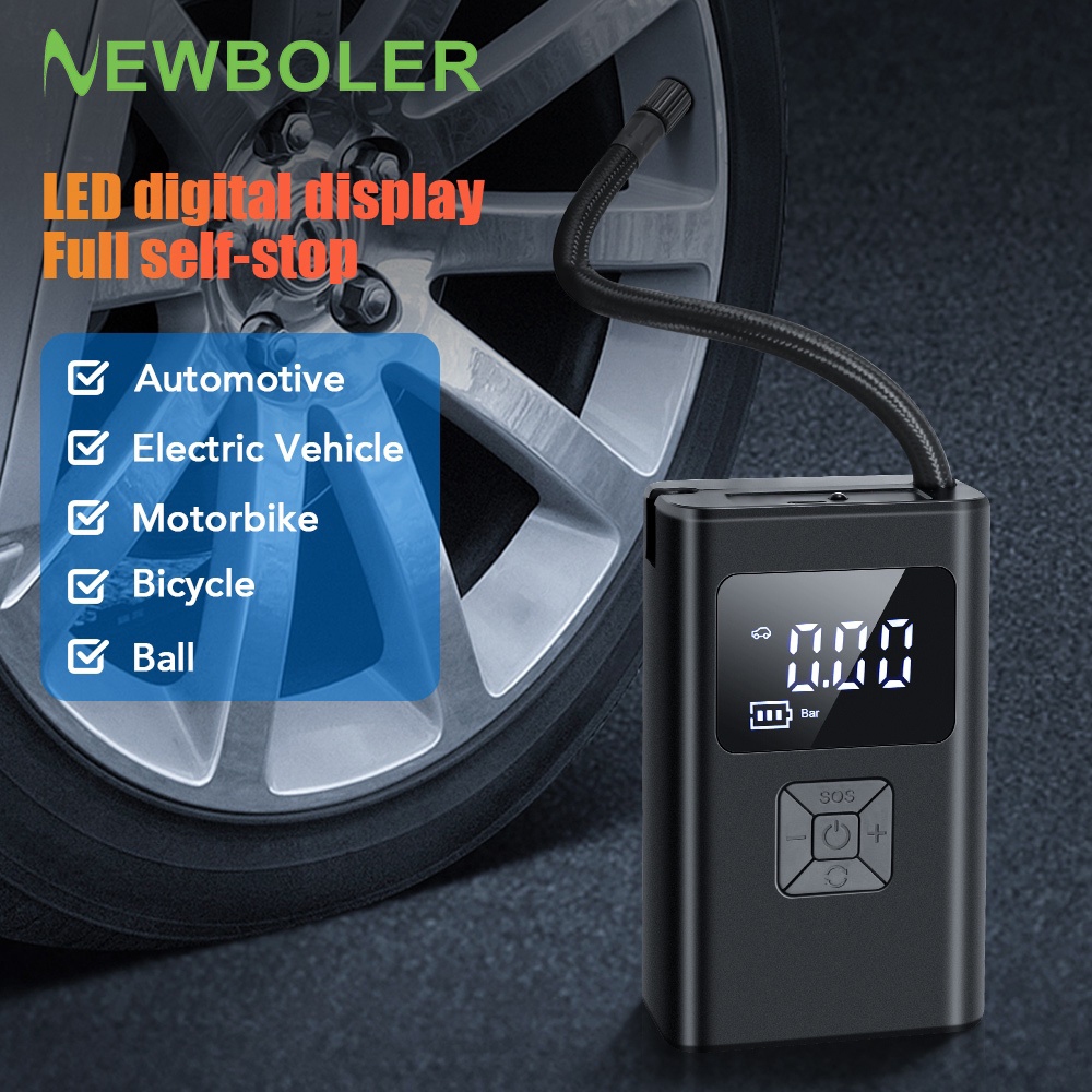 Newboler無線數顯電動打氣筒led照明輪胎打氣筒摩托車汽車自行車打氣筒便攜式空氣壓縮機
