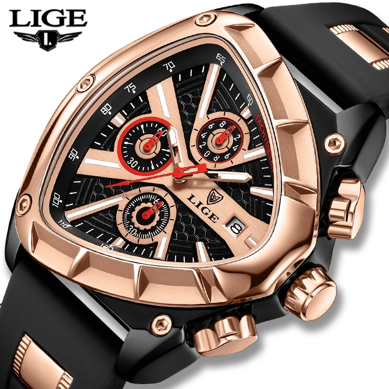 Lige 男士手錶防水運動三角夜光指針時尚橡膠錶帶不規則石英腕錶