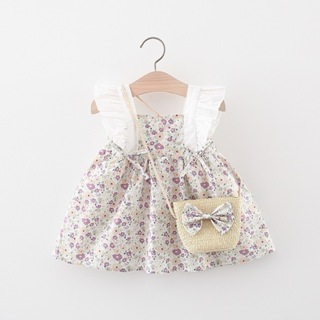 夏季新款白色小飛袖女寶寶連衣裙小碎花無袖童裝+包包(0-3歲)