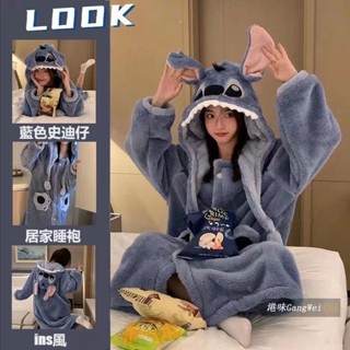【現貨🔥免運】史迪仔情侶睡衣 珊瑚絨睡衣 草莓熊玉桂狗大眼仔睡衣 秋冬季連帽長毛絨女款套裝 加厚男士刷毛家居服 現貨