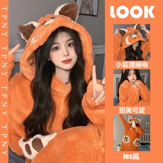 現貨24H發🆓 甜美小狐狸帶帽睡衣 珊瑚絨睡袍 史迪仔草莓熊美樂蒂睡袍 情侶冬季加厚保暖睡衣 新款連身衣睡袍家居服 現貨