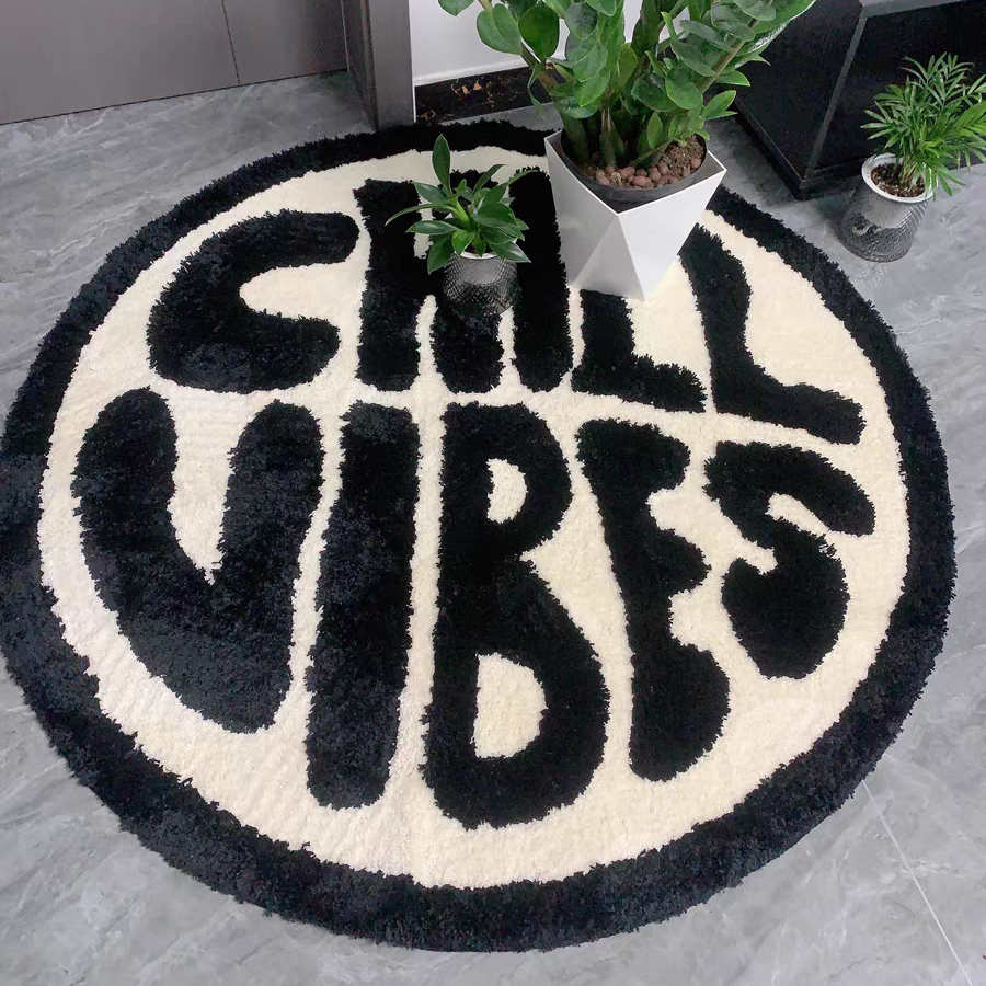 chill vibes黑白撞色英文字母圓地毯加厚蛋糕絨面地墊腳墊防滑耐髒門前墊