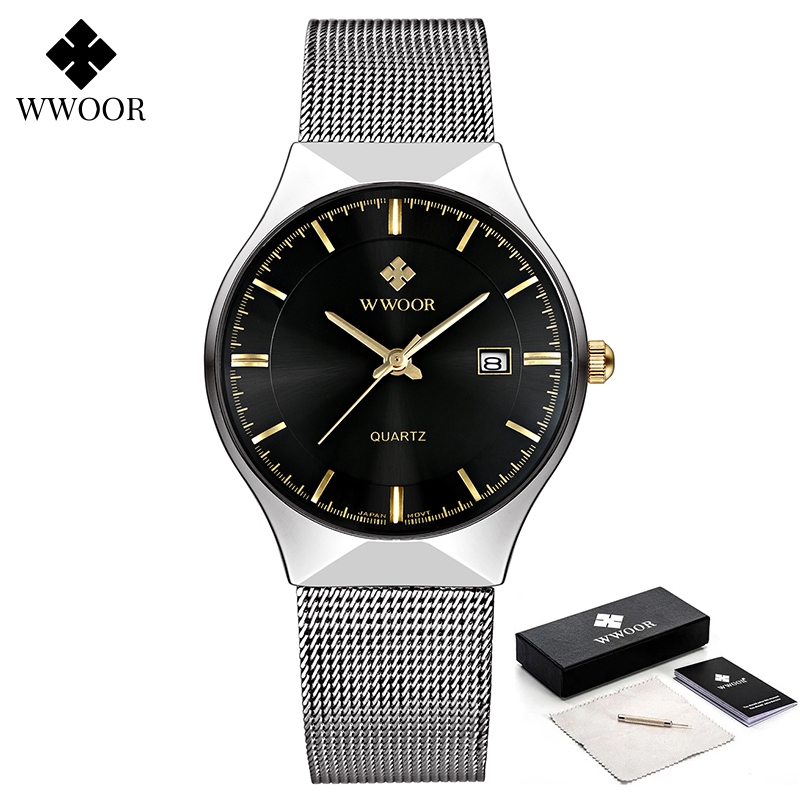 Wwoor 男士手錶時尚超薄銀網鋼石英鐘休閒防水日期手錶 - 8016
