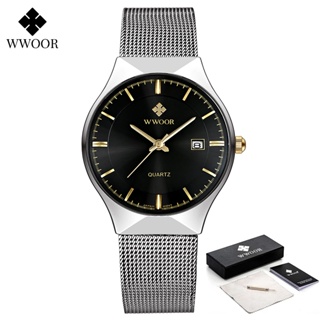 Wwoor 男士手錶時尚超薄銀網鋼石英鐘休閒防水日期手錶 - 8016