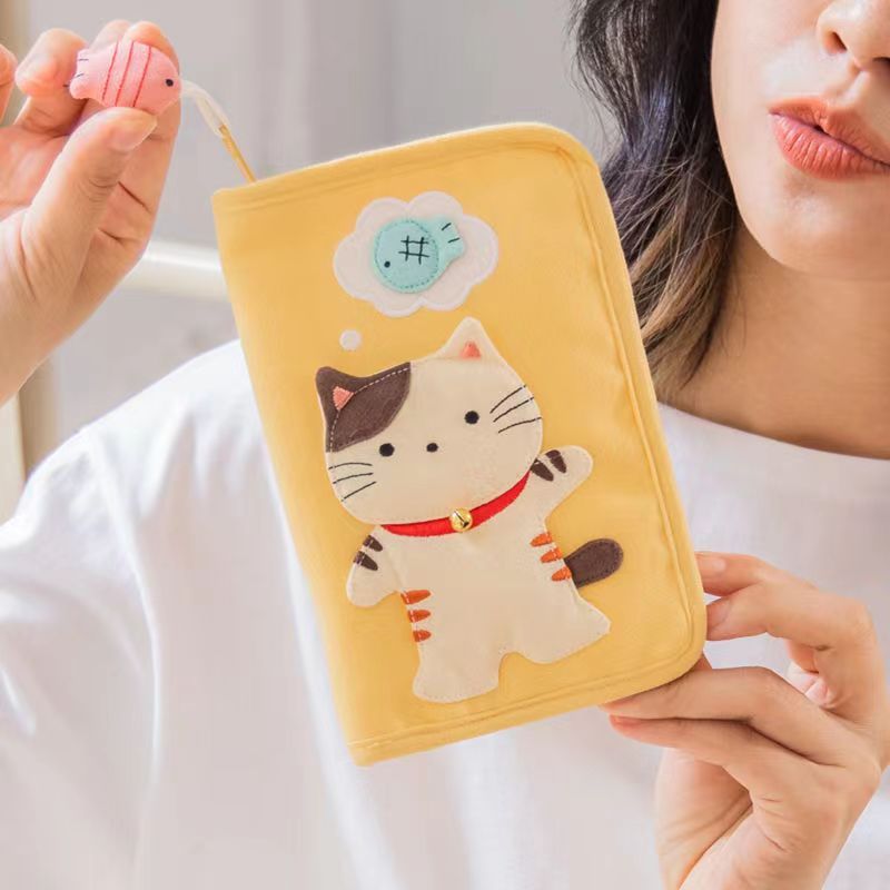 啵啵貓卡拉包 零錢包 棉布線置物包 黃色卡通貓收納包 便攜式