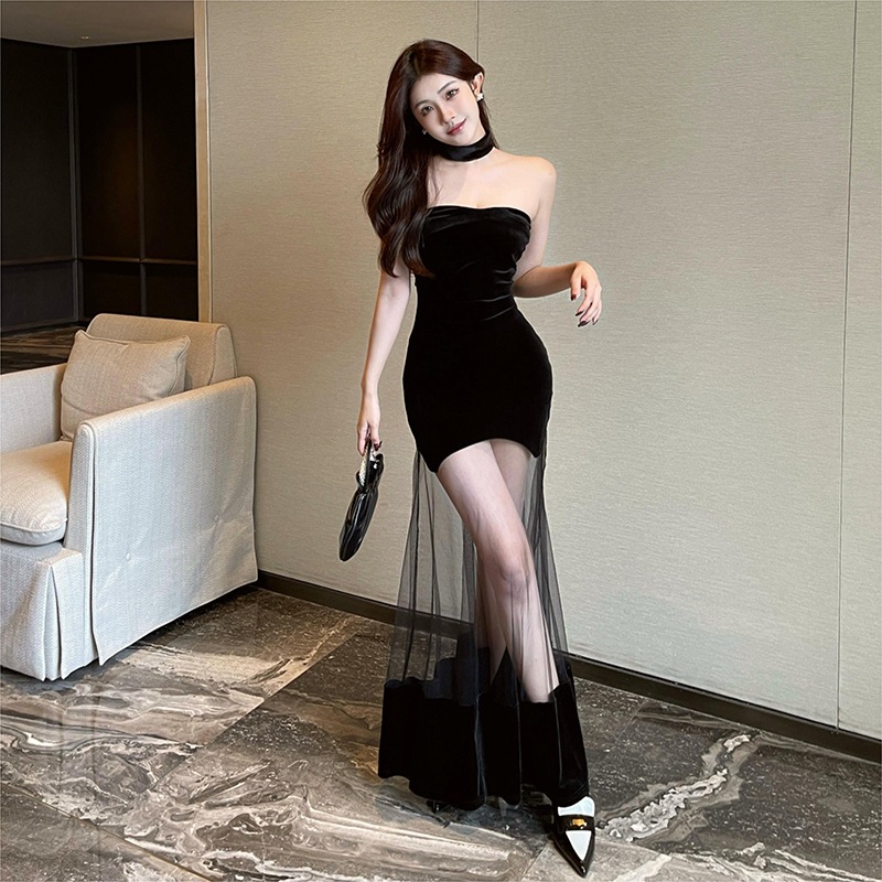 奇怪的貓冬季派對黑色神秘性感成熟美麗優雅優雅甜美溫柔女式掛脖薄紗拼接連衣裙
