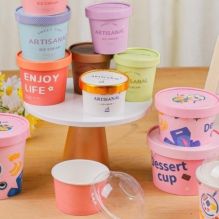 【現貨】【冰淇淋碗】一次性 冰淇淋 紙杯 冰激凌紙碗 打包盒 慕斯 蛋糕罐 甜品 優格杯 帶勺 商用