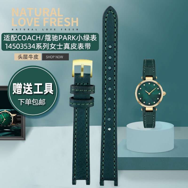 適配COACH/蔻馳PARK小綠表14503534系列凹口真皮手錶帶12mm