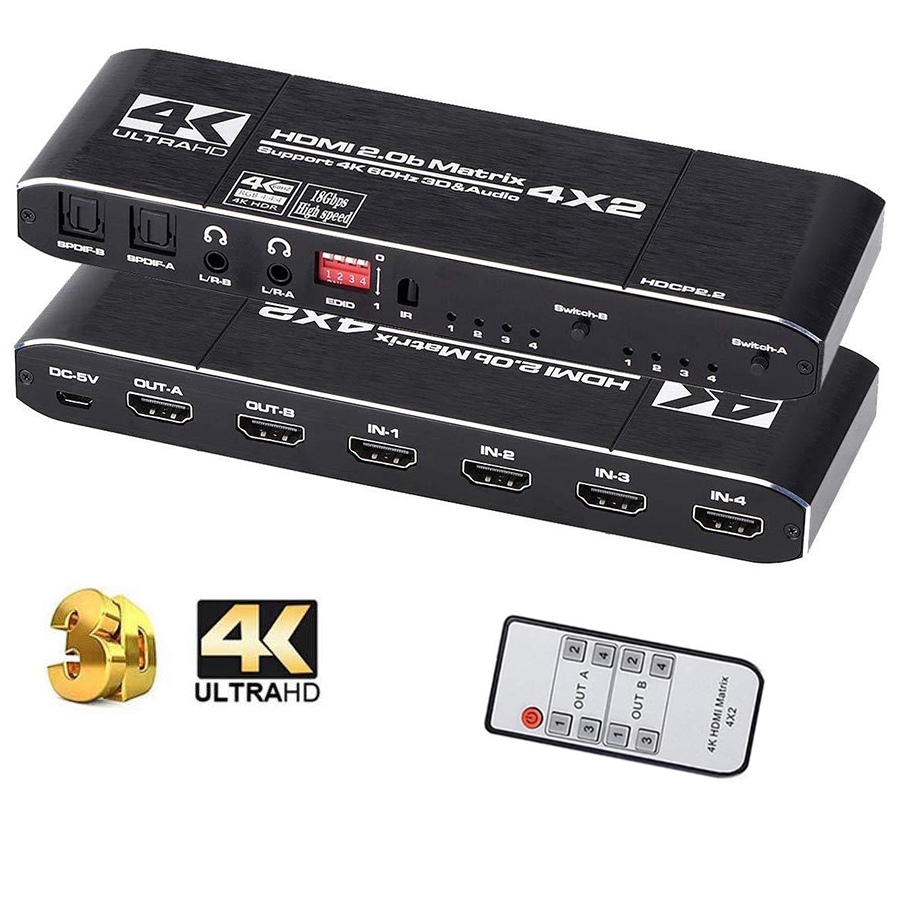 4x2 HDMI 矩陣切換器分配器 4 進 2 出 2 進 2 出,帶 SPDIF L/R 3.5mm HDR HDMI