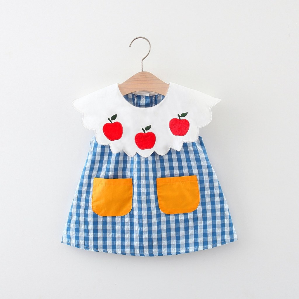 夏季新款紅蘋果女嬰連衣裙小格子野餐派對兒童無袖衣服(0-3歲)