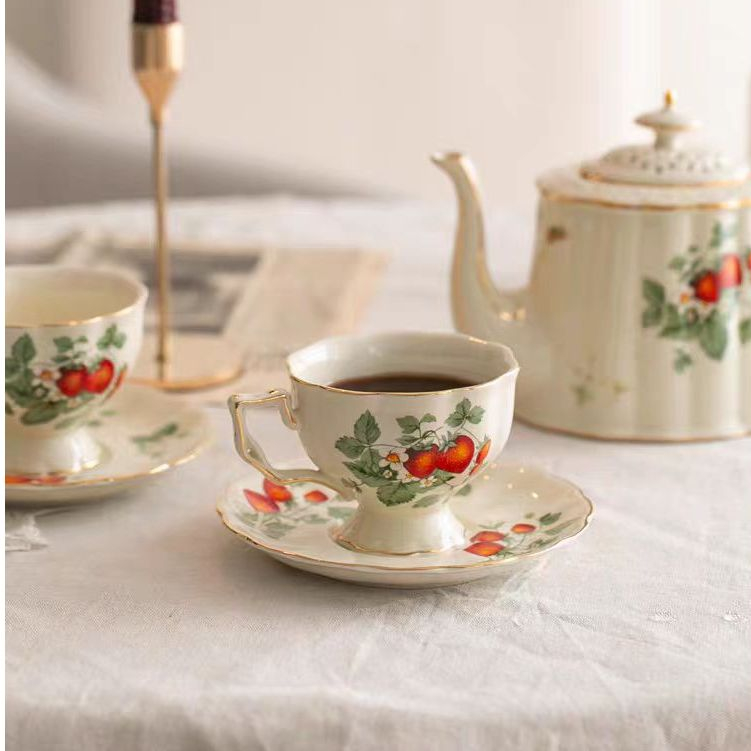 輕奢復古陶瓷茶壺組 陶瓷咖啡杯套裝 骨瓷咖啡杯 陶瓷茶壺組 紅茶杯子 花茶杯 下午茶甜品碟 手工描金