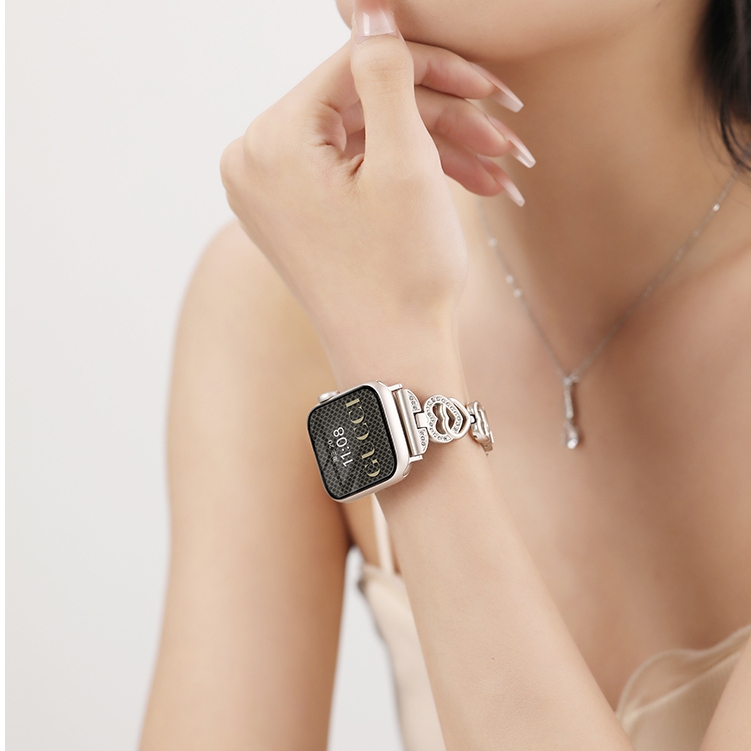 愛心鑲鑽金屬錶帶 適用Apple Watch 蘋果手錶錶帶 iwatch s9/s8/ultra/S7/SE/6/5