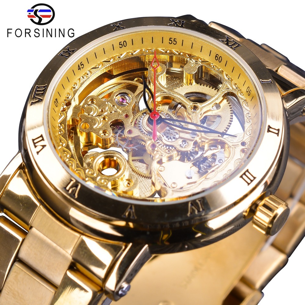 Forsining 自動手錶時尚鏤空防水金色男士手錶不銹鋼機械時鐘男。