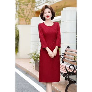 時尚紅色大尺碼寬鬆洋裝 中老年媽媽裝休閒長袖中長裙圓領紅色洋裝