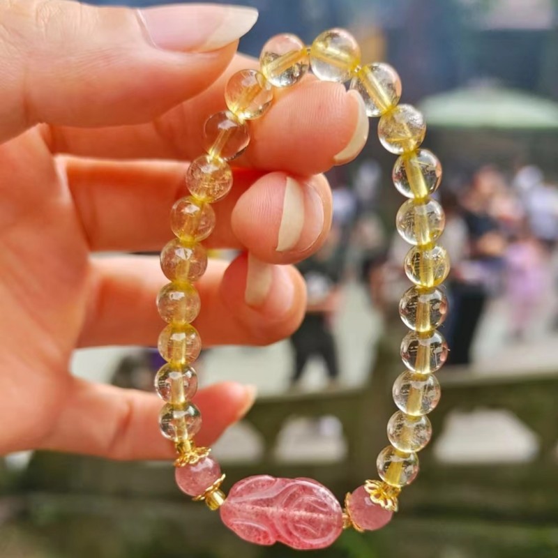天然黃水晶手鍊草莓晶貔貅寺廟同款精品金髮晶水晶手鍊手串