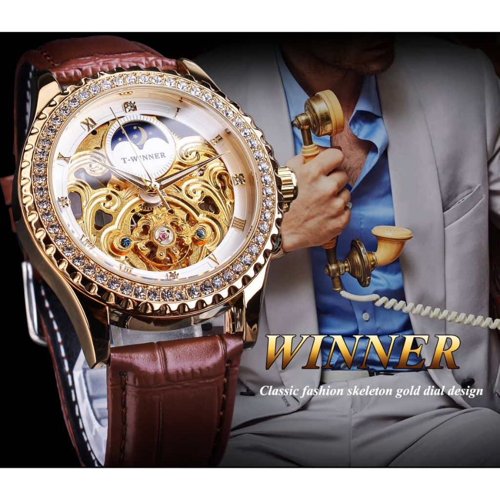 Winner手錶骷髏男士機械表復古自動陀飛輪表豪華鑽石設計月相皮表。 男士