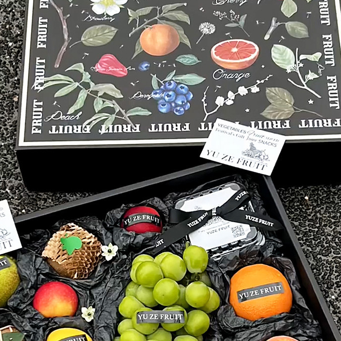 【現貨】【高檔水果禮盒】通用高檔水果包裝盒 黑色燙銀禮盒 葡萄橙子香梨混搭水果禮盒 空盒子