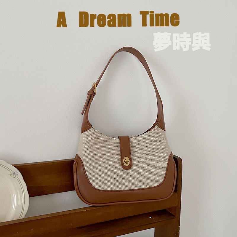 ✨現貨速發✨ 【A Dream Time 夢時與】女包 斜背包 側背包 新款包包  撞色手提包法棍包 復古法式帆布拼接單