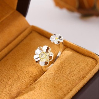925純銀戒指 時尚氣質甜美花朵鑲鑽鋯石個性開口戒指 女款創意可調整指環銀飾配飾禮物 CR099