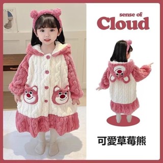 現貨免運✨兒童珊瑚絨睡衣 可愛草莓熊史迪仔睡袍 秋冬加厚法蘭絨大童寶寶珊瑚絨睡衣 加厚睡衣 浴袍 兒童睡衣現貨