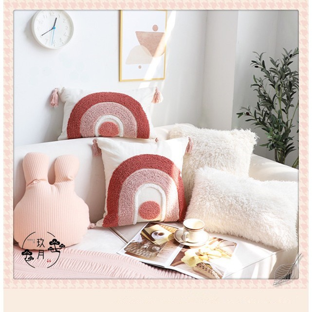 【現貨】INS風彩虹粉色抱枕套可愛雪尼爾腰枕靠墊客廳沙發兔子抱枕