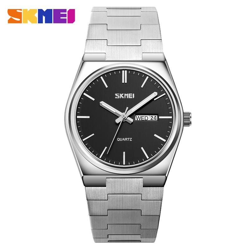 Skmei 9288 時尚實心不銹鋼扣男士商務休閒石英表薄雙日曆男士手錶