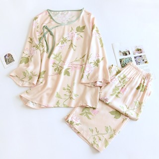 優雅貢緞 棉綢睡衣女春夏女士睡衣中式盤扣家居服套裝薄款印花空調服中國風模擬絲睡衣
