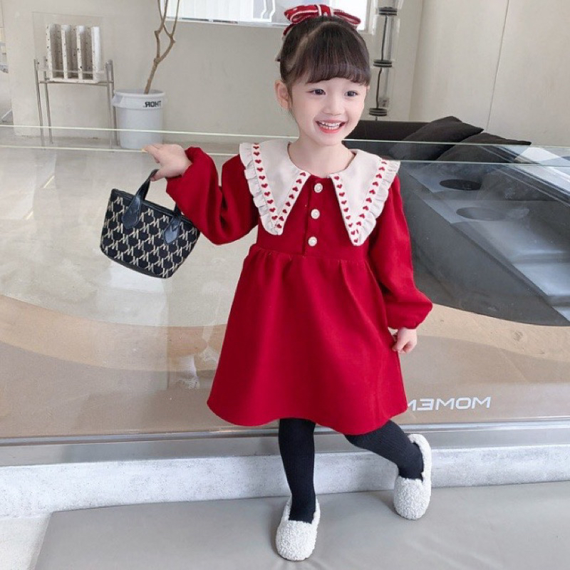 現貨 秋冬新款時尚翻領紅色洋裝 韓版女童可愛新年公主裙 過年洋裝女童 女童洋裝 女童紅色洋裝 洋裝