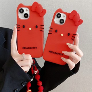 【新品】Joyful Red Kitty 液態矽膠手機殼,帶手鍊,適用於 iPhone 11、12、13、14、15 系