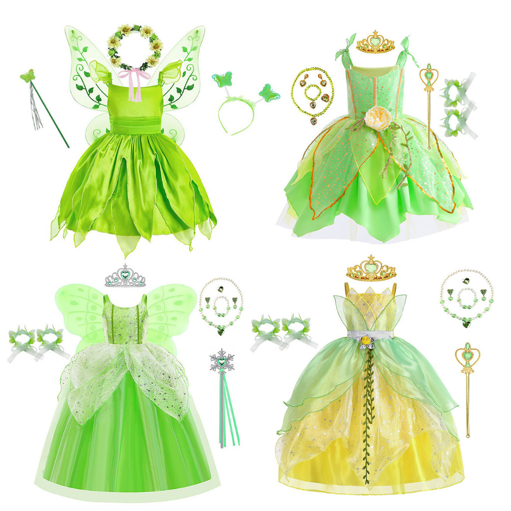 女孩的綠色精靈公主戴安娜奇妙仙女服裝無袖連衣裙萬聖節聖誕派對青蛙和公主小叮噹衣服