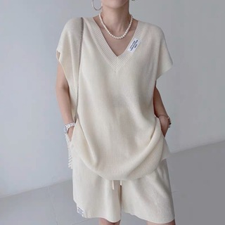 韓國休閒運動套裝女裝V領寬鬆短袖針織衫+抽繩高腰休閒寬版短褲兩件套