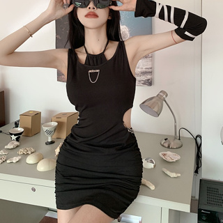 韓版個性街頭性感黑色掛脖洋裝女裝緊身收腰彈力鏤空露腰綁帶設計緊身洋裝