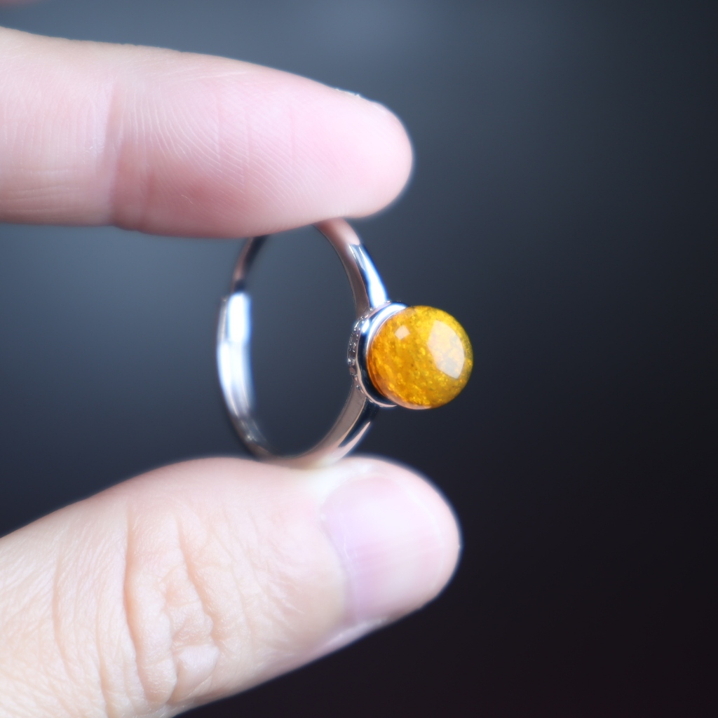 緬甸琥珀蜜蠟精選7mm金沙圓珠單珠戒指女戒簡約素款銅鑲